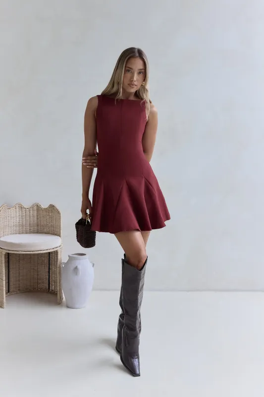 Wistful Bloom Mini Dress Burgundy sold by Fortunate One