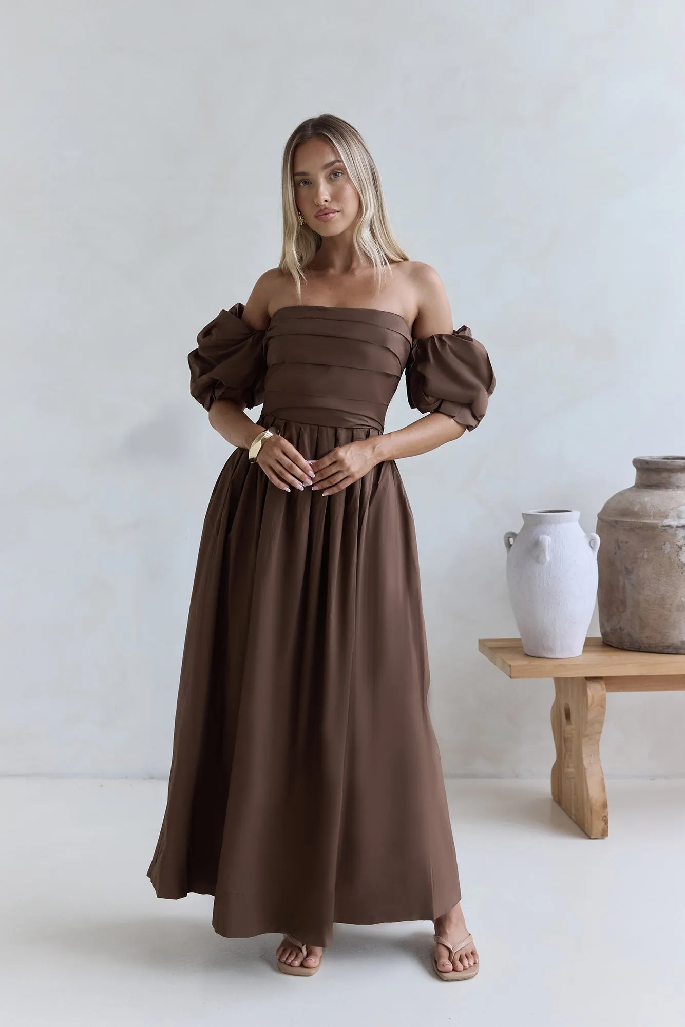 Bella Off-Shoulder Maxi Dress Chocolate sold by Fortunate One product image thumbnail 4