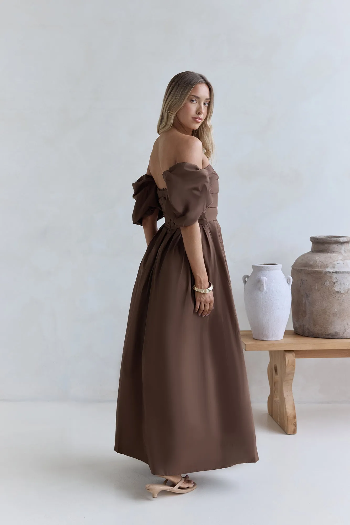 Bella Off-Shoulder Maxi Dress Chocolate sold by Fortunate One