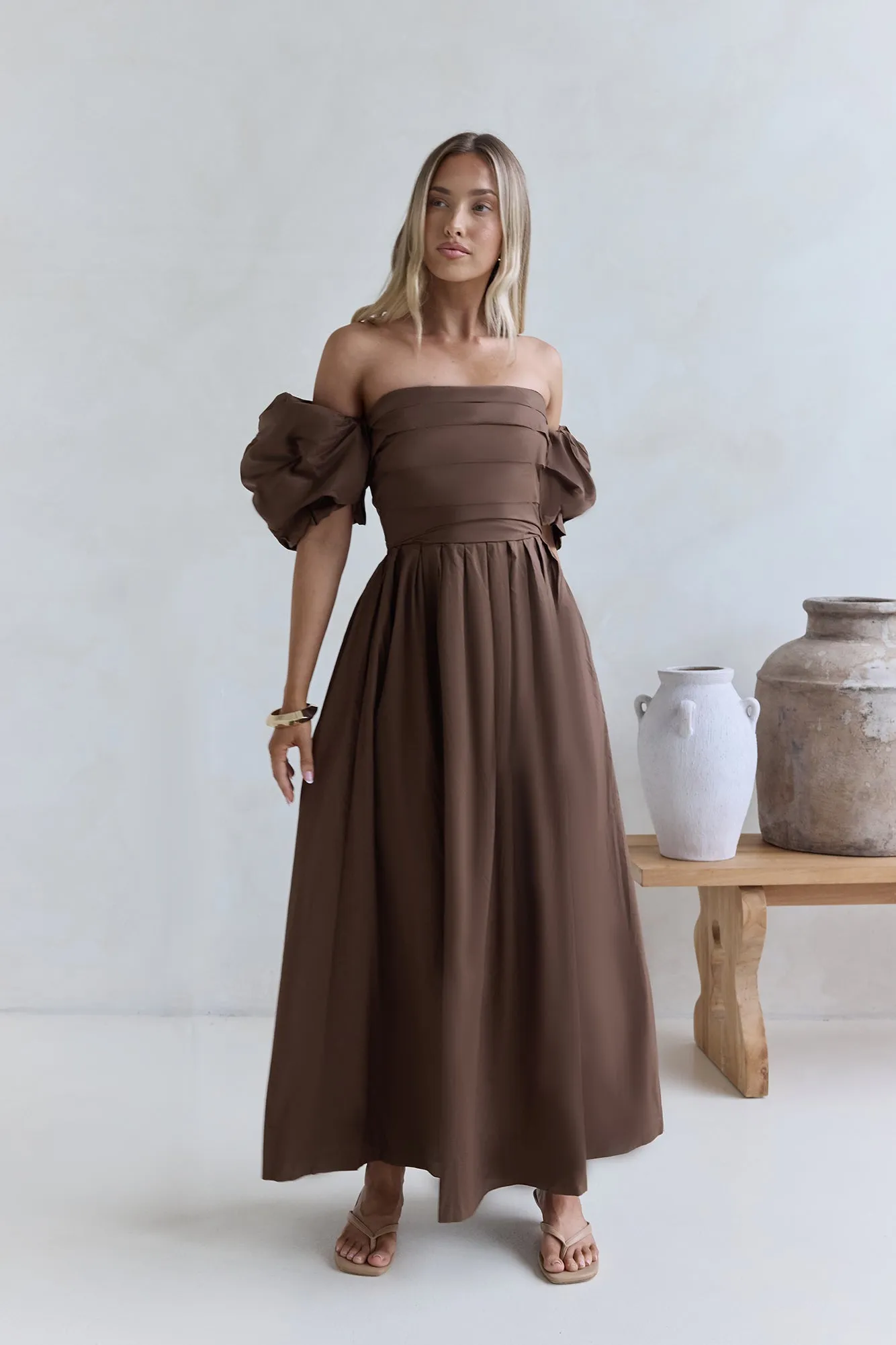 Bella Off-Shoulder Maxi Dress Chocolate sold by Fortunate One product image thumbnail 5