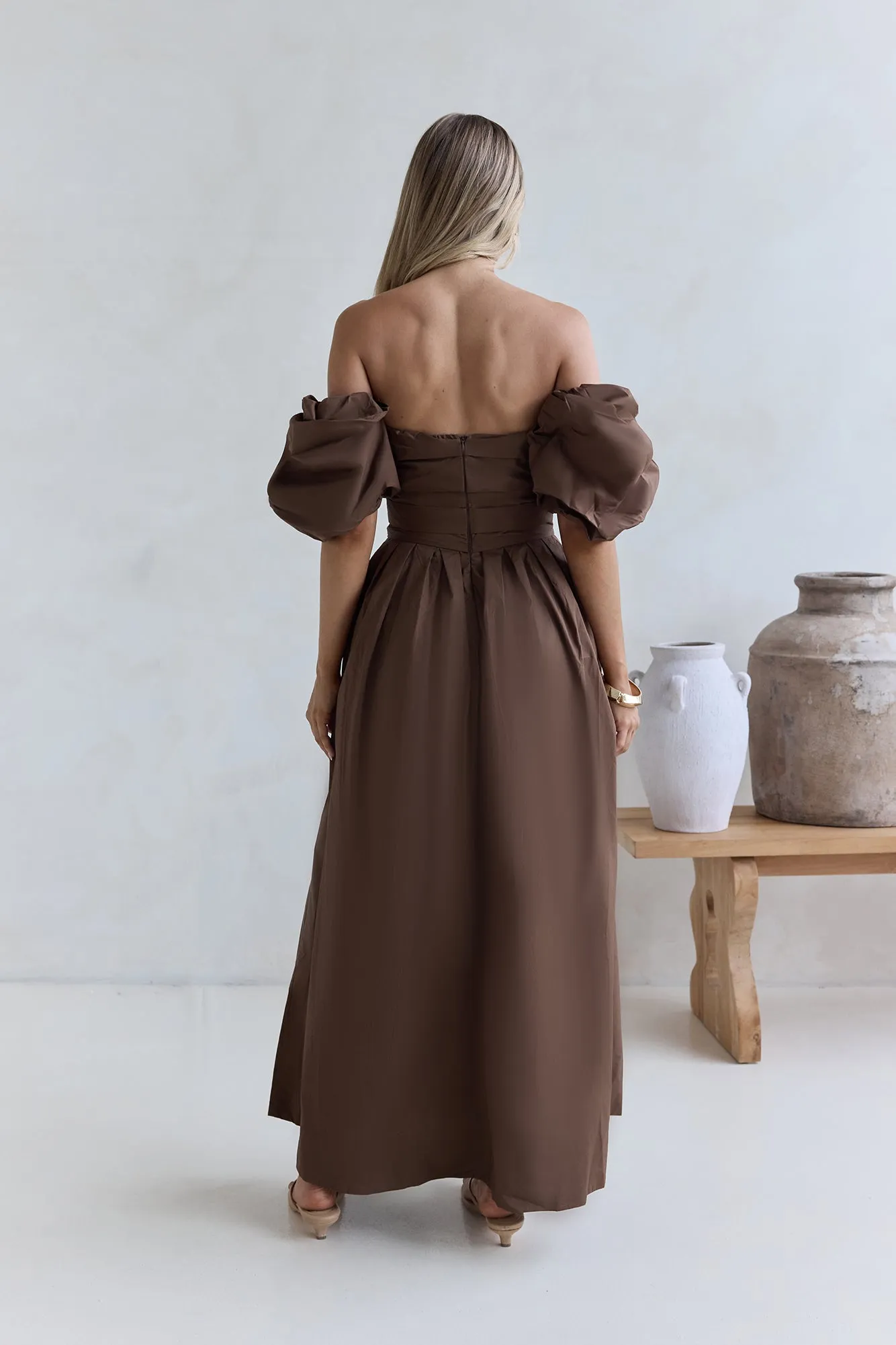 Bella Off-Shoulder Maxi Dress Chocolate sold by Fortunate One product image thumbnail 2