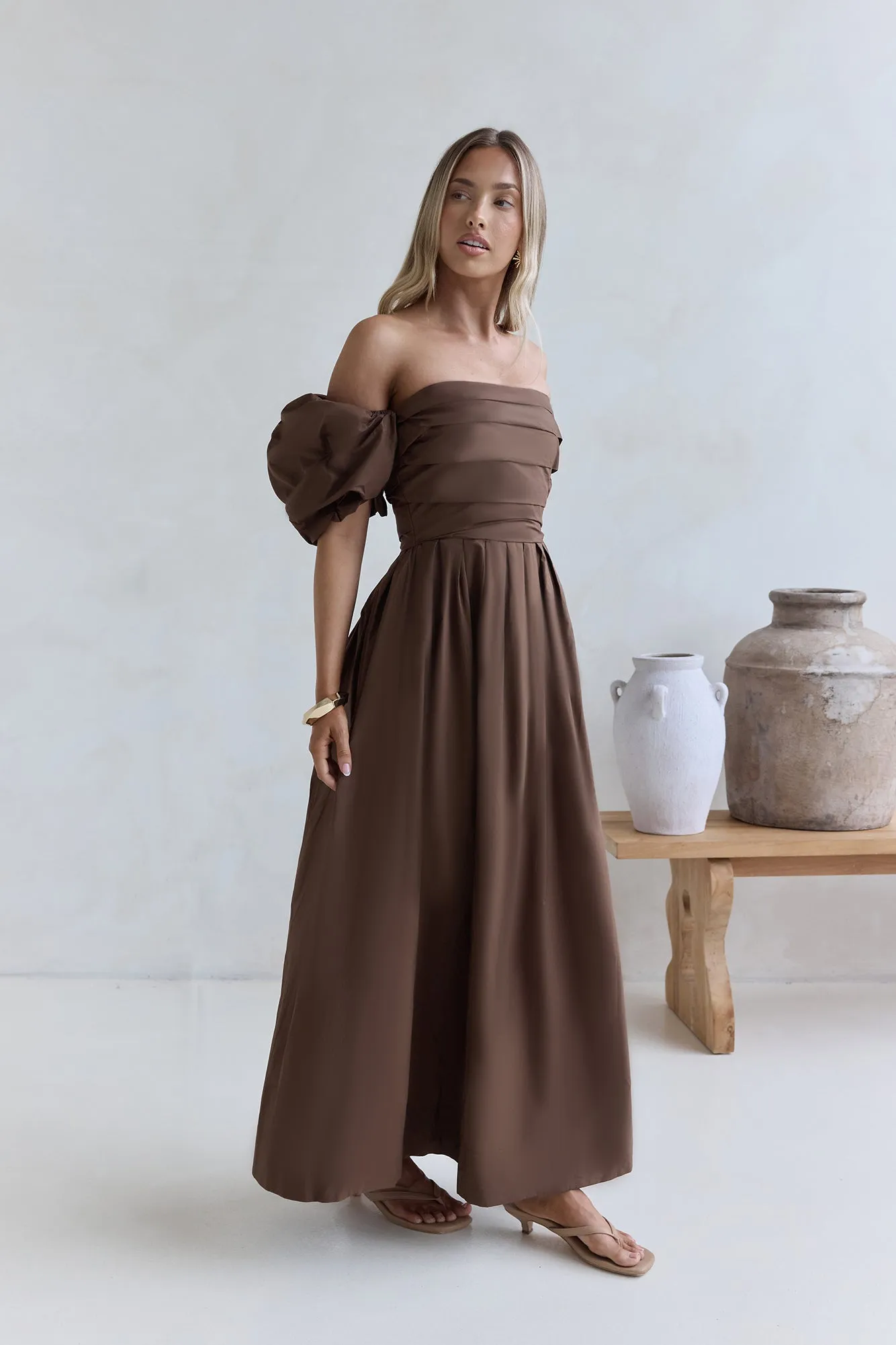 Bella Off-Shoulder Maxi Dress Chocolate sold by Fortunate One product image thumbnail 3