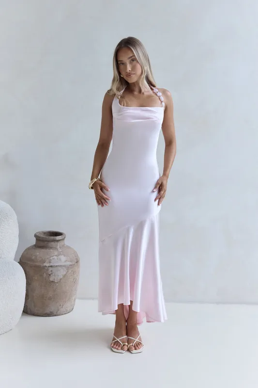 Lucky In Life Satin Halter Maxi Dress Pink sold by Fortunate One