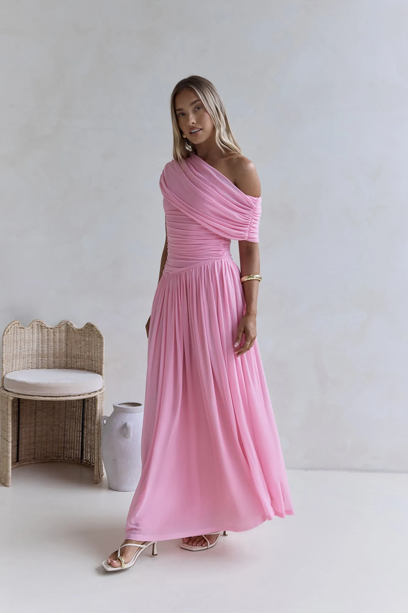 Hidden Flair One Shoulder Mesh Maxi Dress Pink sold by Fortunate One product image thumbnail 5