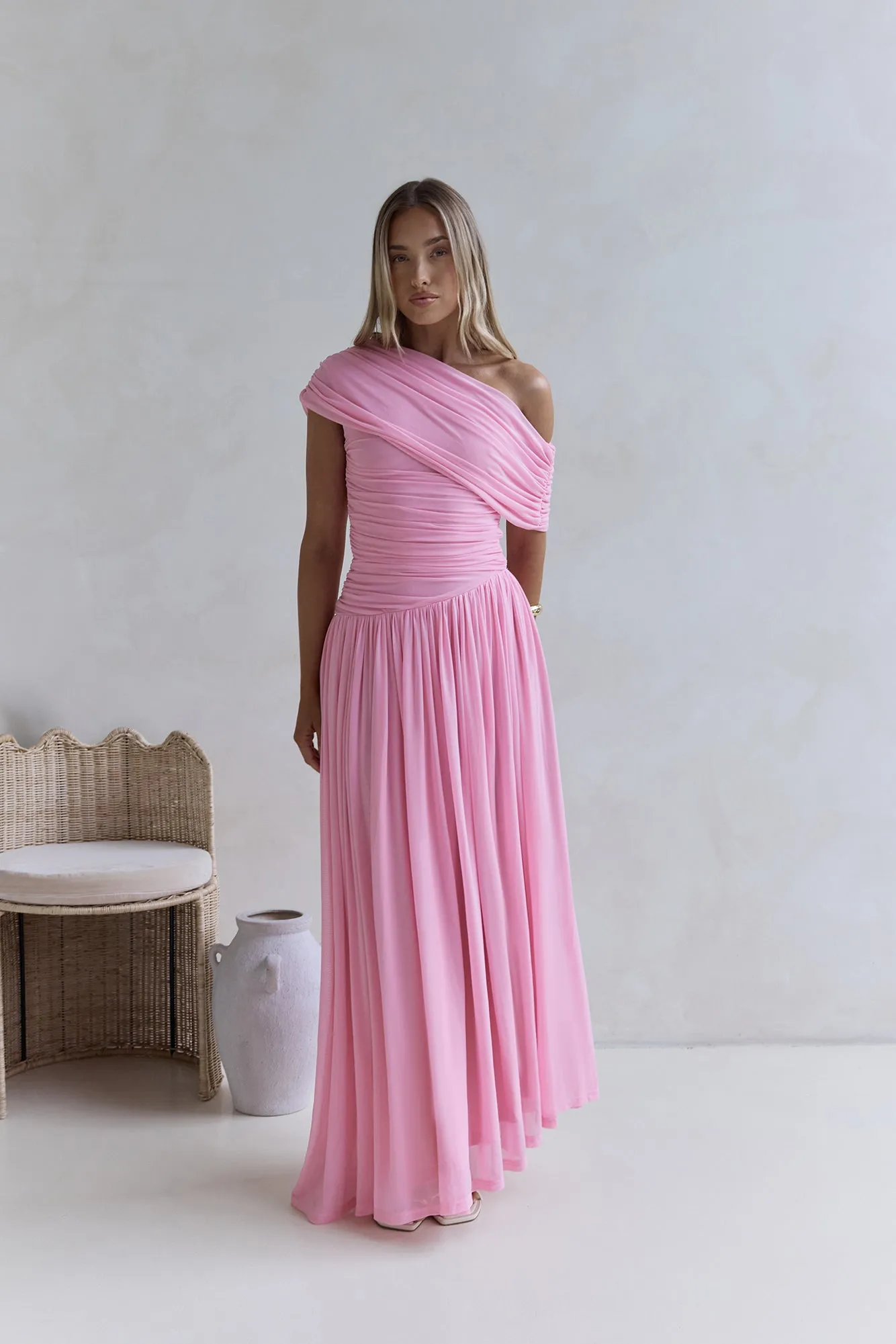 Hidden Flair One Shoulder Mesh Maxi Dress Pink sold by Fortunate One product image thumbnail 3