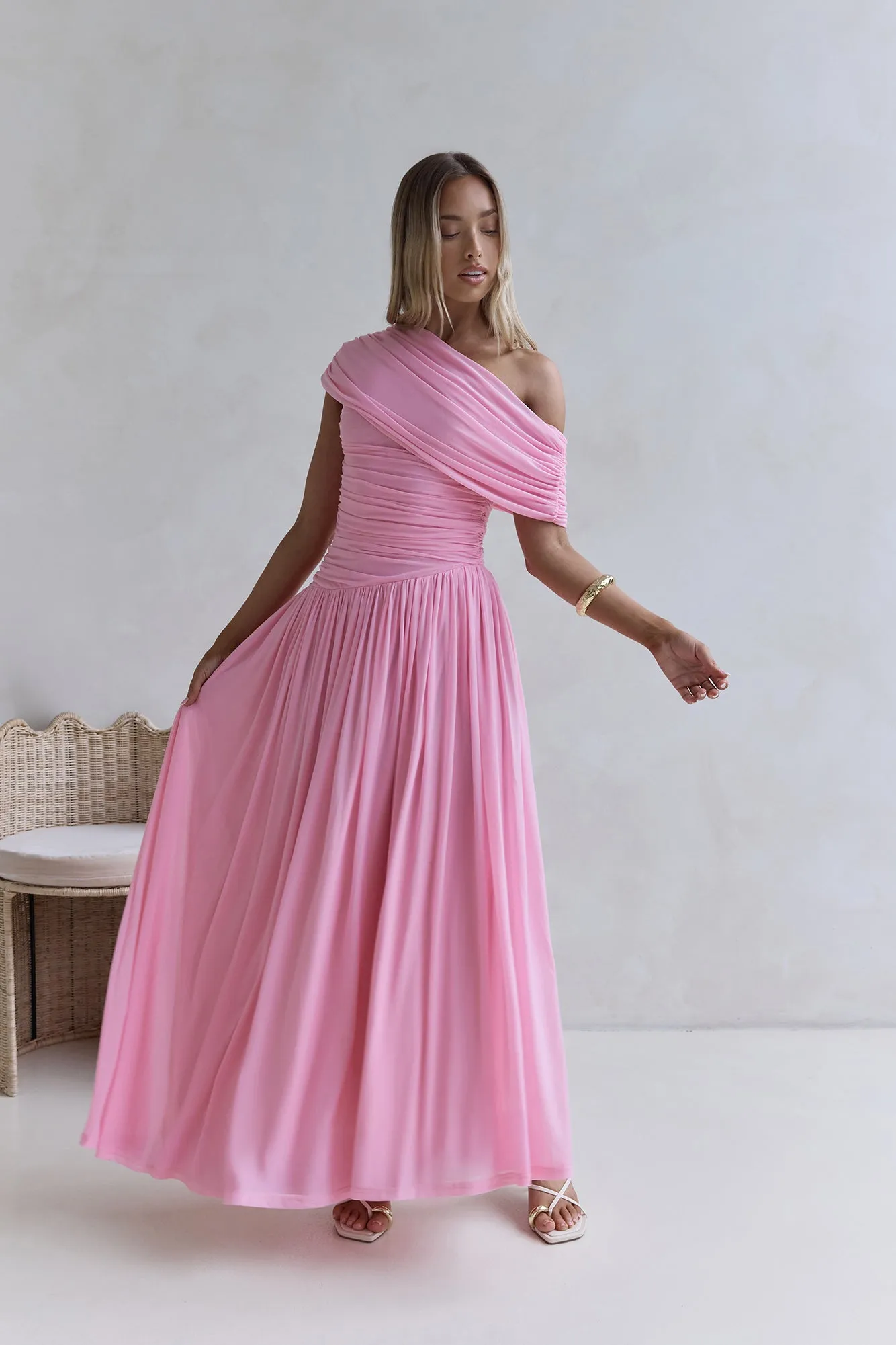 Hidden Flair One Shoulder Mesh Maxi Dress Pink sold by Fortunate One product image thumbnail 4