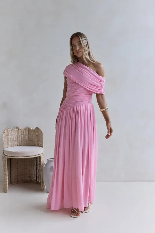 Hidden Flair One Shoulder Mesh Maxi Dress Pink sold by Fortunate One