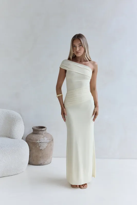 Kiss The Moon One Shoulder Mesh Maxi Dress Lemon sold by Fortunate One