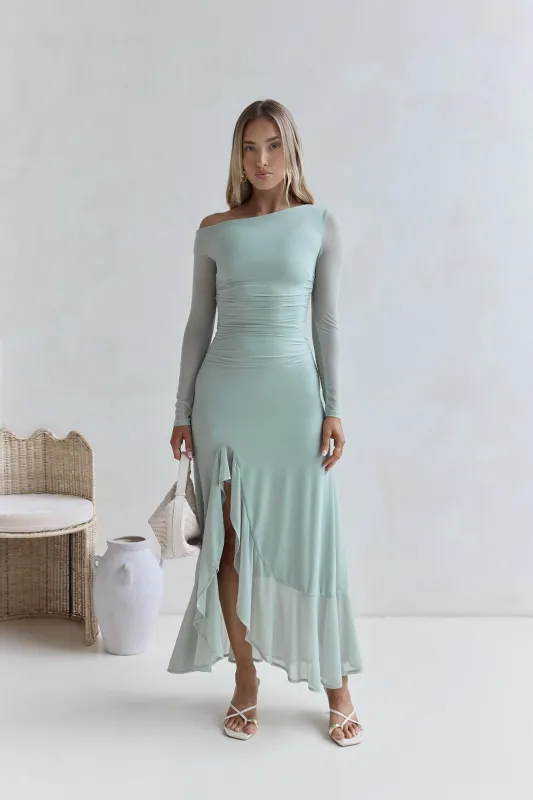 Whispered Secrets Mesh Long Sleeve Maxi Dress Sage sold by Fortunate One