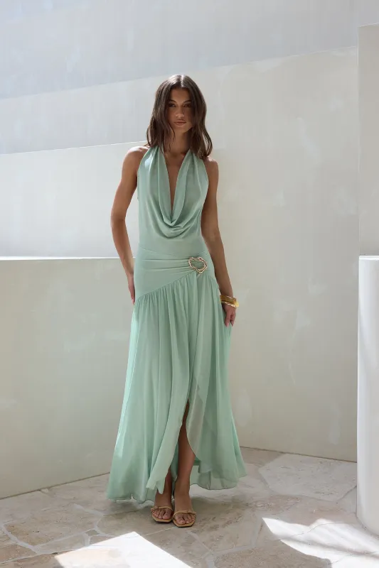 Floating Clouds Halter Mesh Maxi Dress Sage sold by Fortunate One