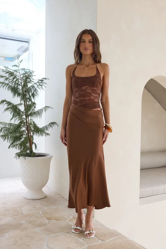 Dreamdays Halter Lace Maxi Dress Chocolate sold by Fortunate One