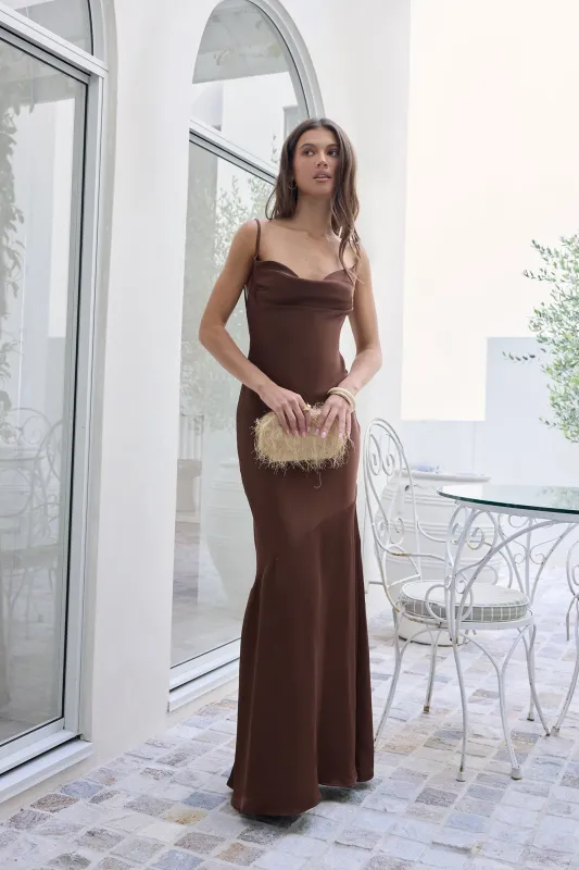 Brilliant Belle Satin Maxi Dress Brown sold by Fortunate One