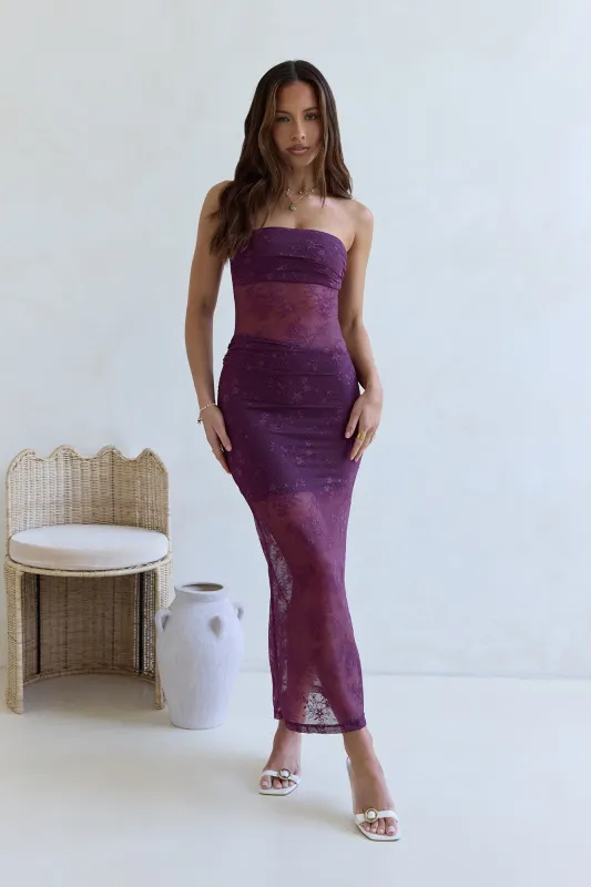 For The Lovers Lace Strapless Maxi Dress Plum sold by Fortunate One