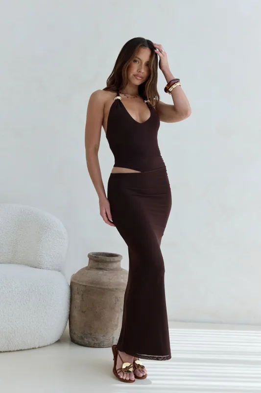 Whispers In The Dark Halter Mesh Maxi Dress Brown sold by Fortunate One