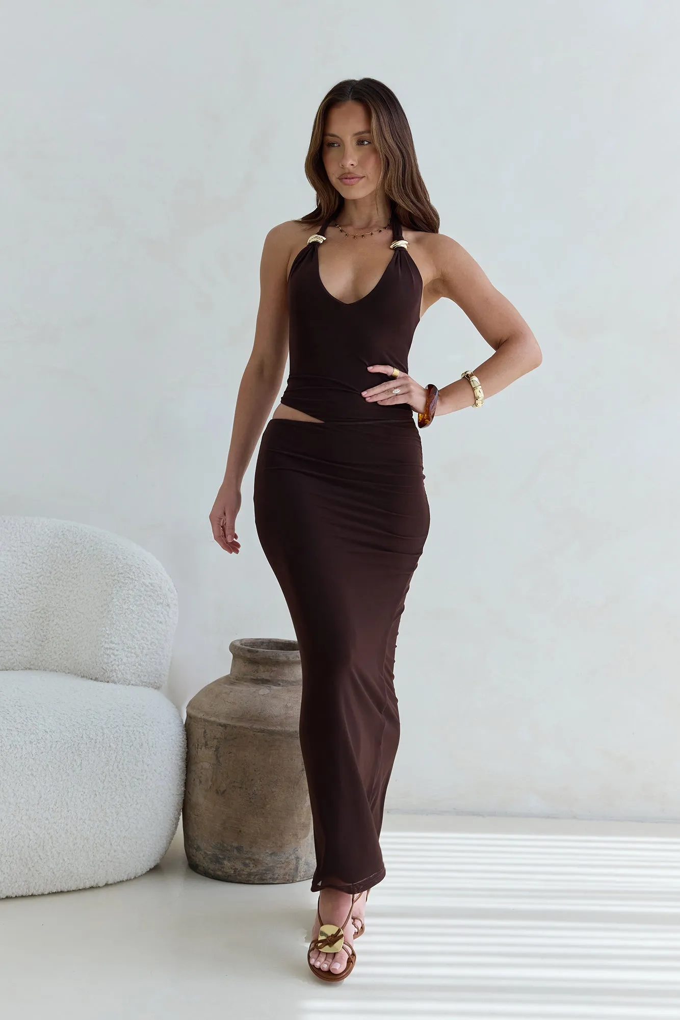 Whispers In The Dark Halter Mesh Maxi Dress Brown sold by Fortunate One product image thumbnail 5