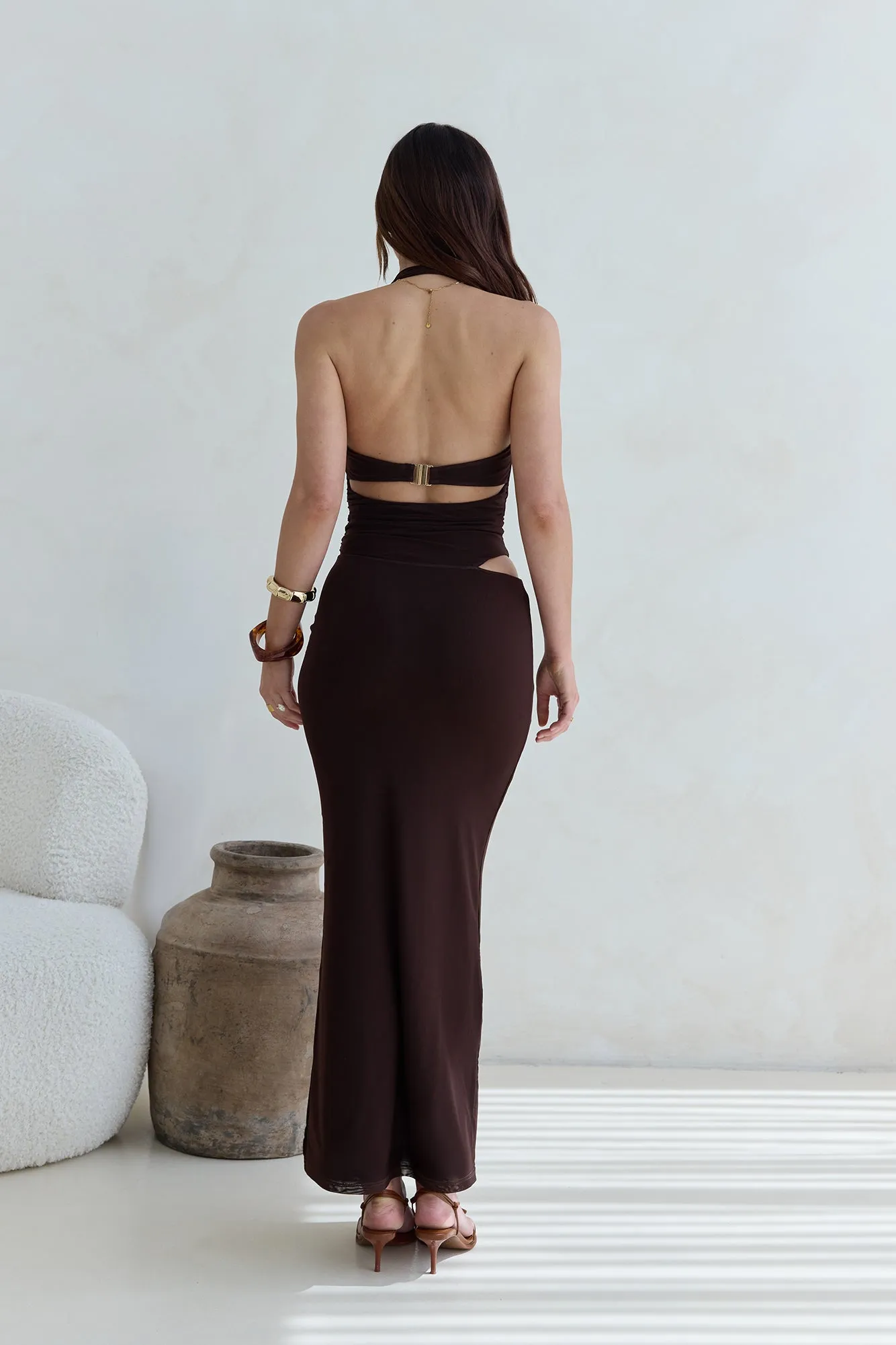 Whispers In The Dark Halter Mesh Maxi Dress Brown sold by Fortunate One product image thumbnail 2