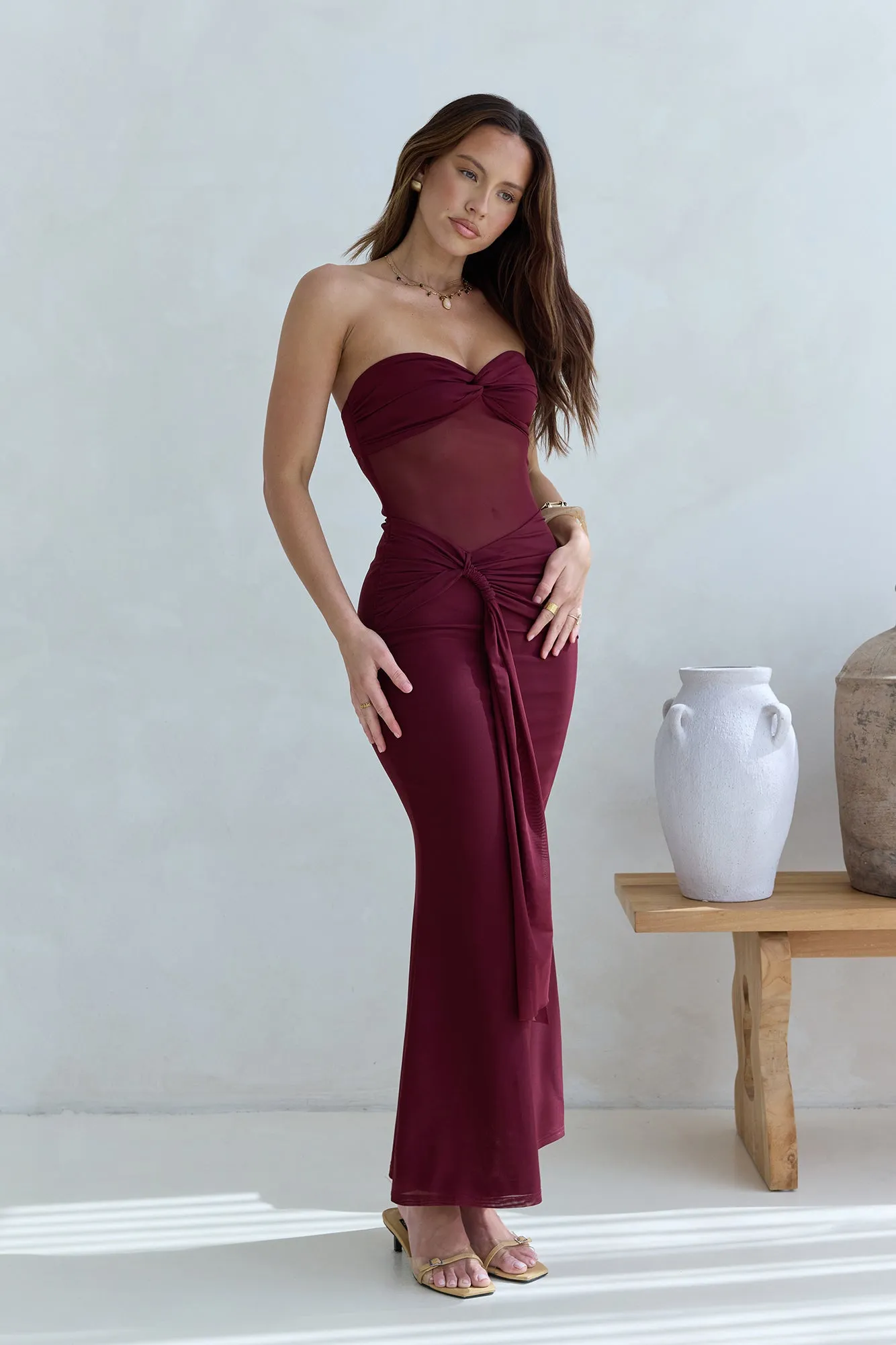 Caught Your Eye Mesh Strapless Maxi Dress Burgundy sold by Fortunate One product image thumbnail 5