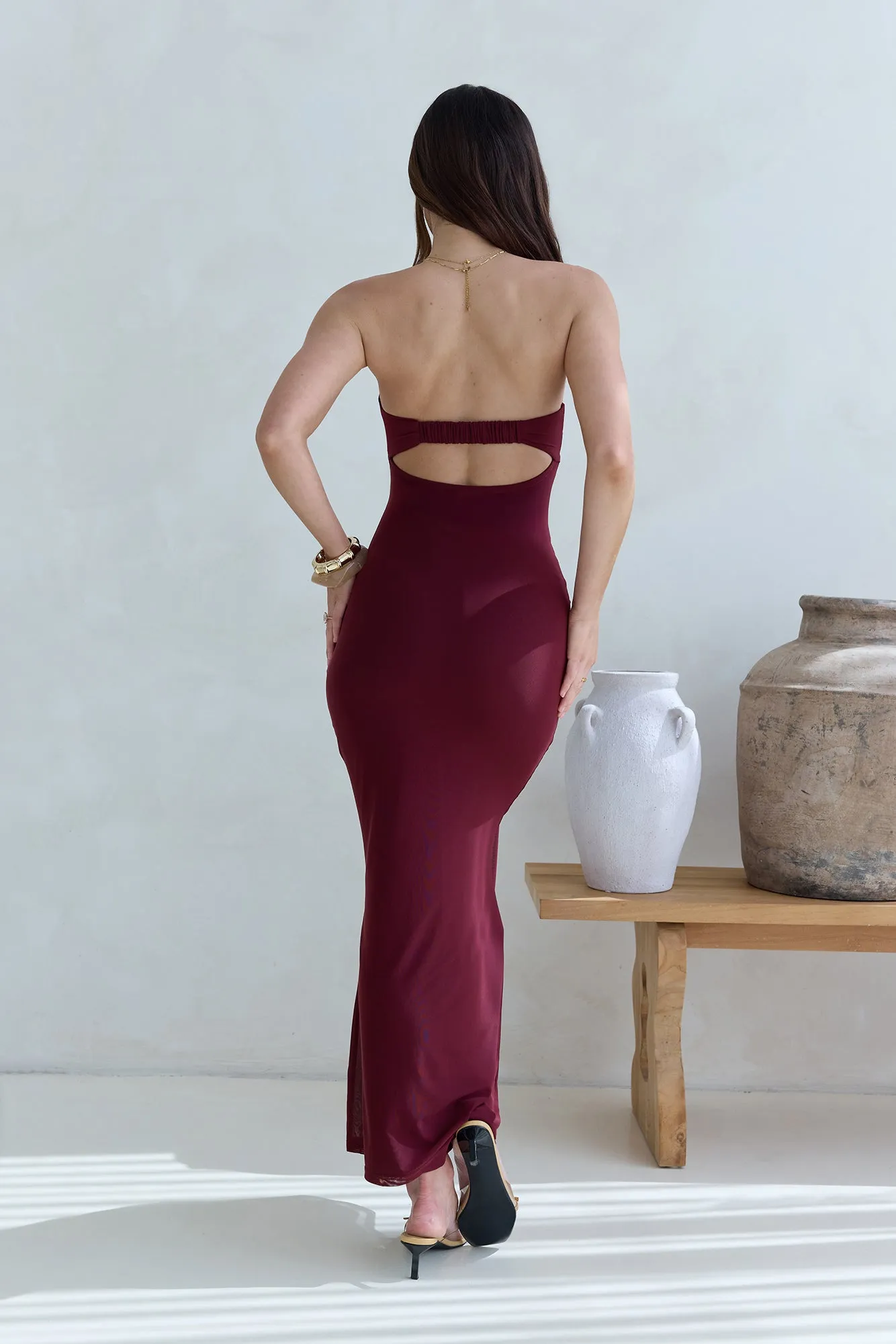 Caught Your Eye Mesh Strapless Maxi Dress Burgundy sold by Fortunate One product image thumbnail 2