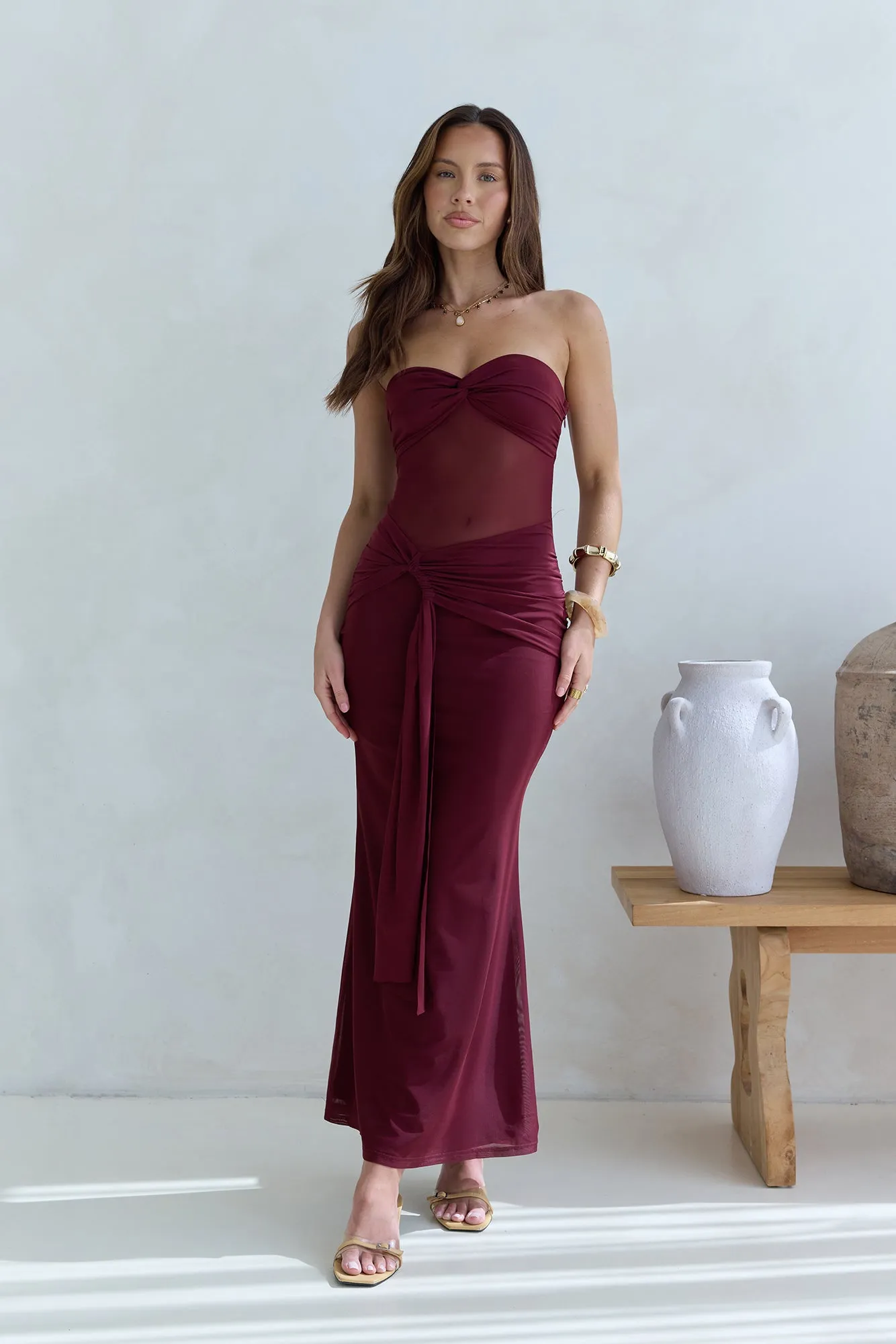 Caught Your Eye Mesh Strapless Maxi Dress Burgundy sold by Fortunate One product image thumbnail 3