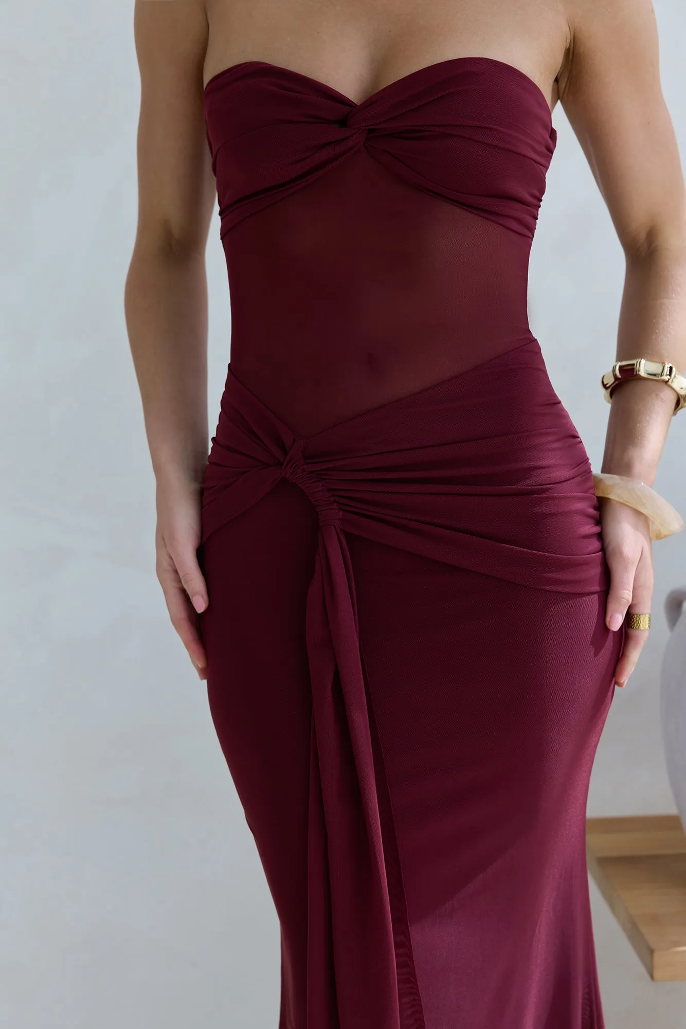 Caught Your Eye Mesh Strapless Maxi Dress Burgundy sold by Fortunate One product image thumbnail 4