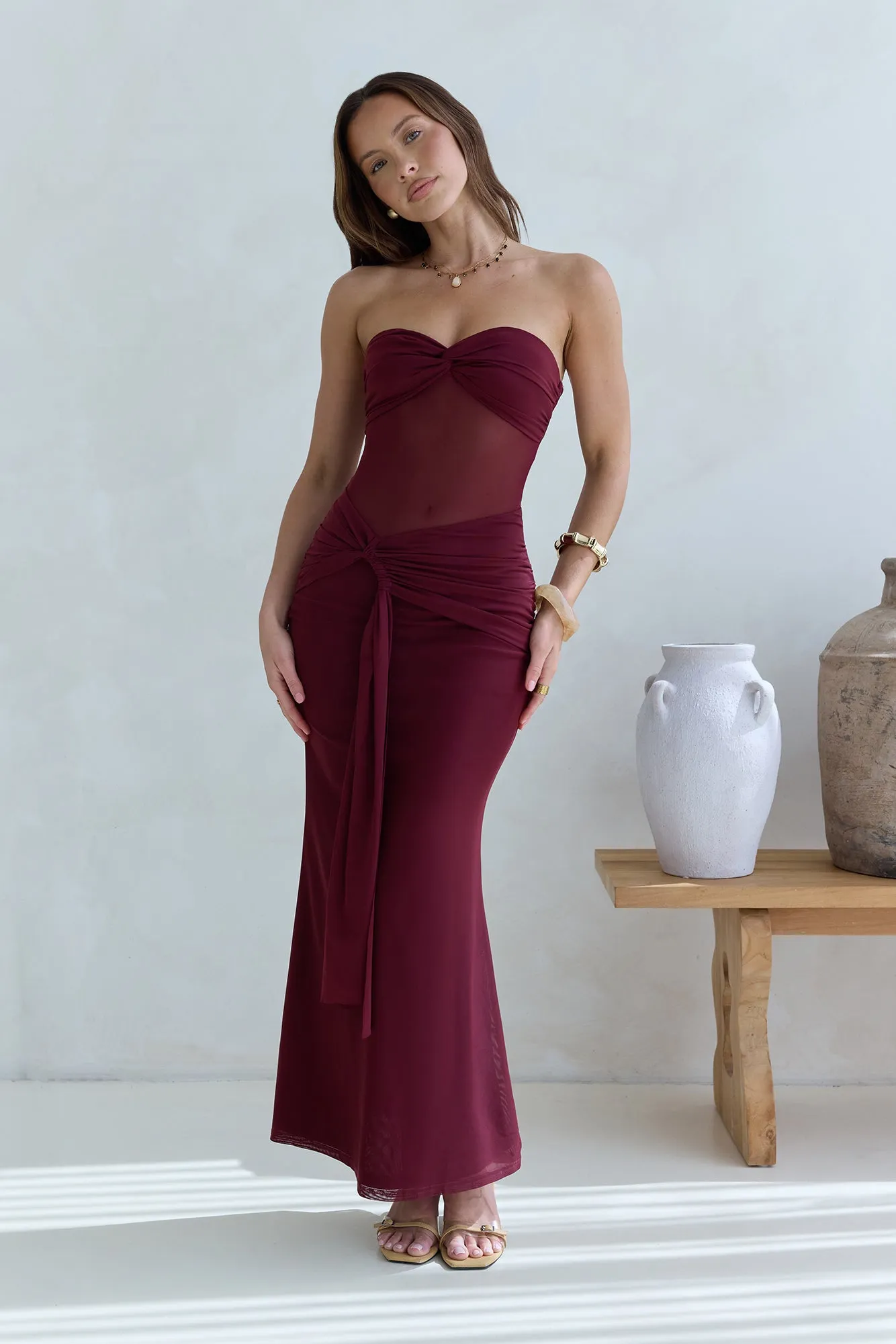 Caught Your Eye Mesh Strapless Maxi Dress Burgundy sold by Fortunate One