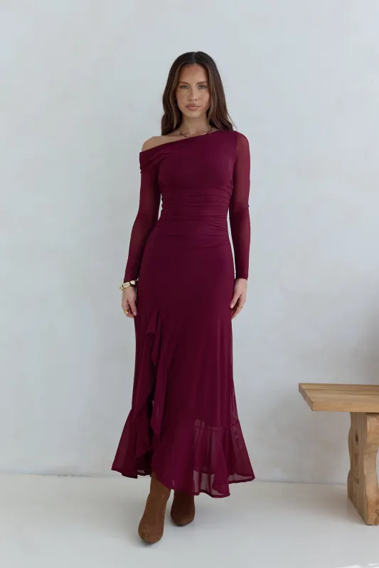 Whispered Secrets Mesh Long Sleeve Maxi Dress Wine sold by Fortunate One