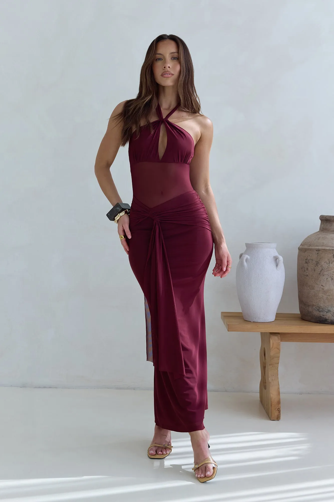 Taste Of Luxe Halter Mesh Maxi Dress Burgundy sold by Fortunate One product image thumbnail 4