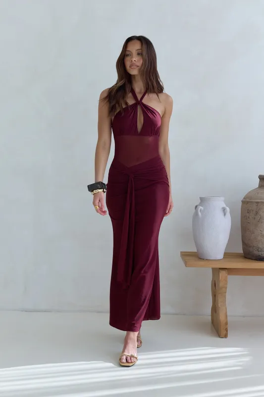 Taste Of Luxe Halter Mesh Maxi Dress Burgundy sold by Fortunate One