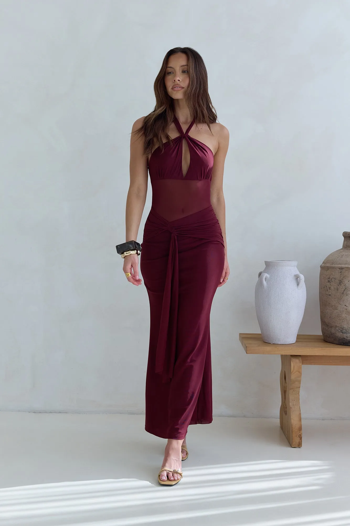 Taste Of Luxe Halter Mesh Maxi Dress Burgundy sold by Fortunate One