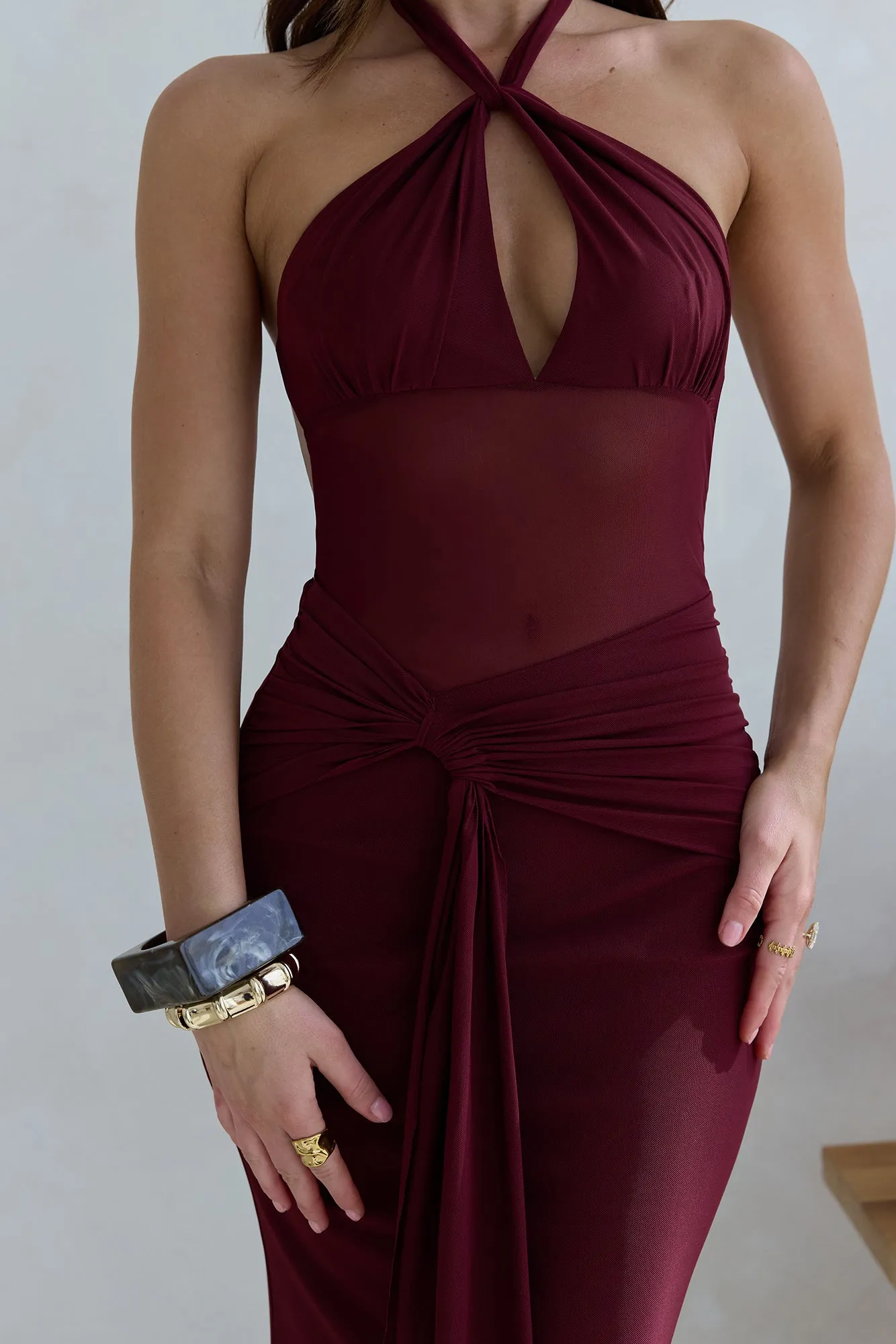 Taste Of Luxe Halter Mesh Maxi Dress Burgundy sold by Fortunate One product image thumbnail 5