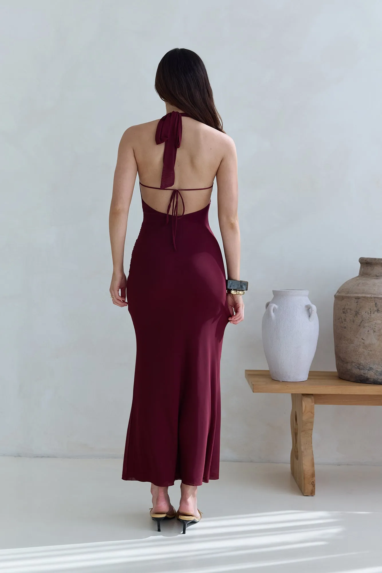 Taste Of Luxe Halter Mesh Maxi Dress Burgundy sold by Fortunate One product image thumbnail 2
