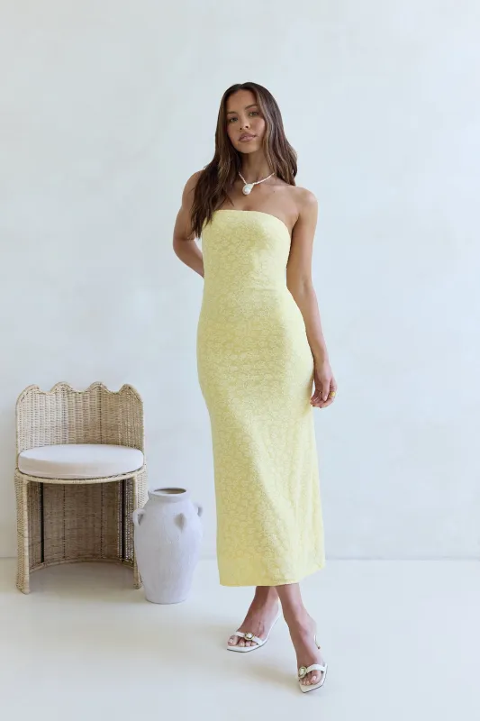 Fluttering Dreams Strapless Midi Dress Yellow sold by Fortunate One