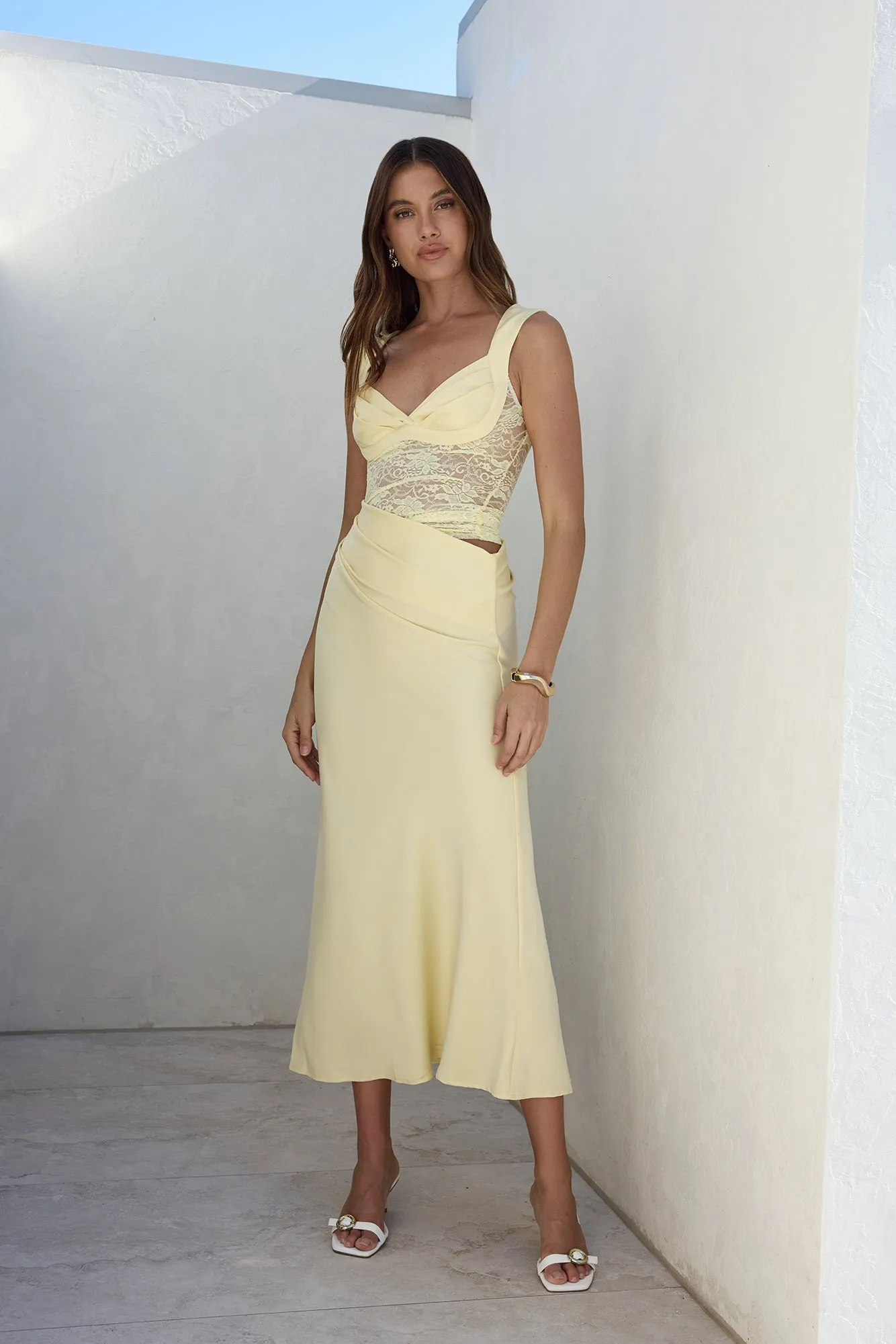 On A Cloud Lace Maxi Dress Yellow sold by Fortunate One