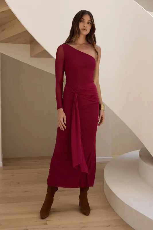 Moment Of Clarity One Shoulder Mesh Maxi Dress Plum sold by Fortunate One