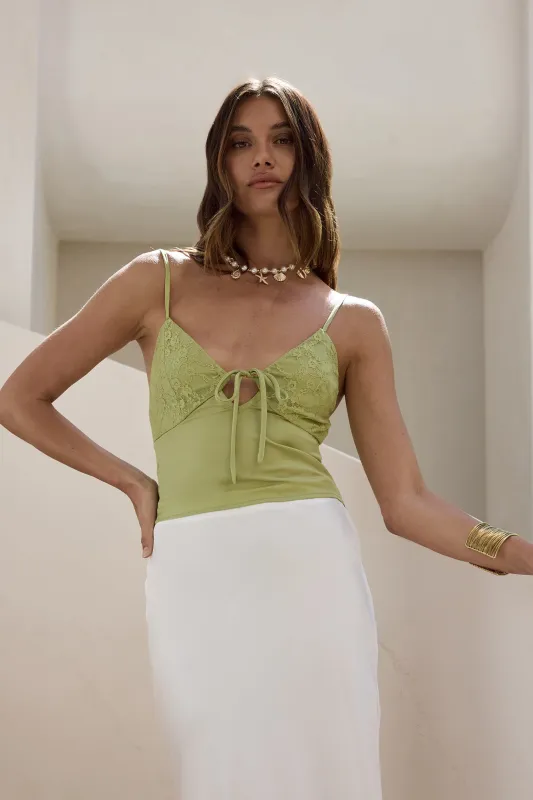 Flowing Leaves Lace Satin Top Sage sold by Fortunate One