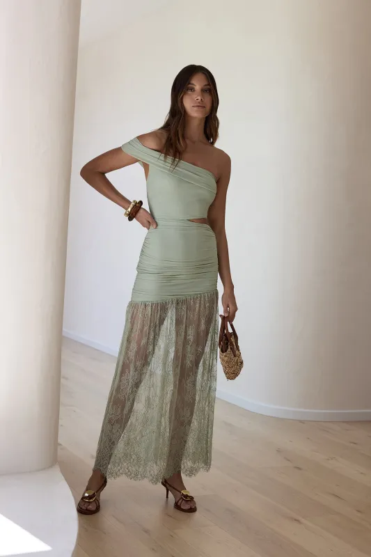 Blossoming Hearts Off Shoulder Lace Maxi Dress Sage sold by Fortunate One