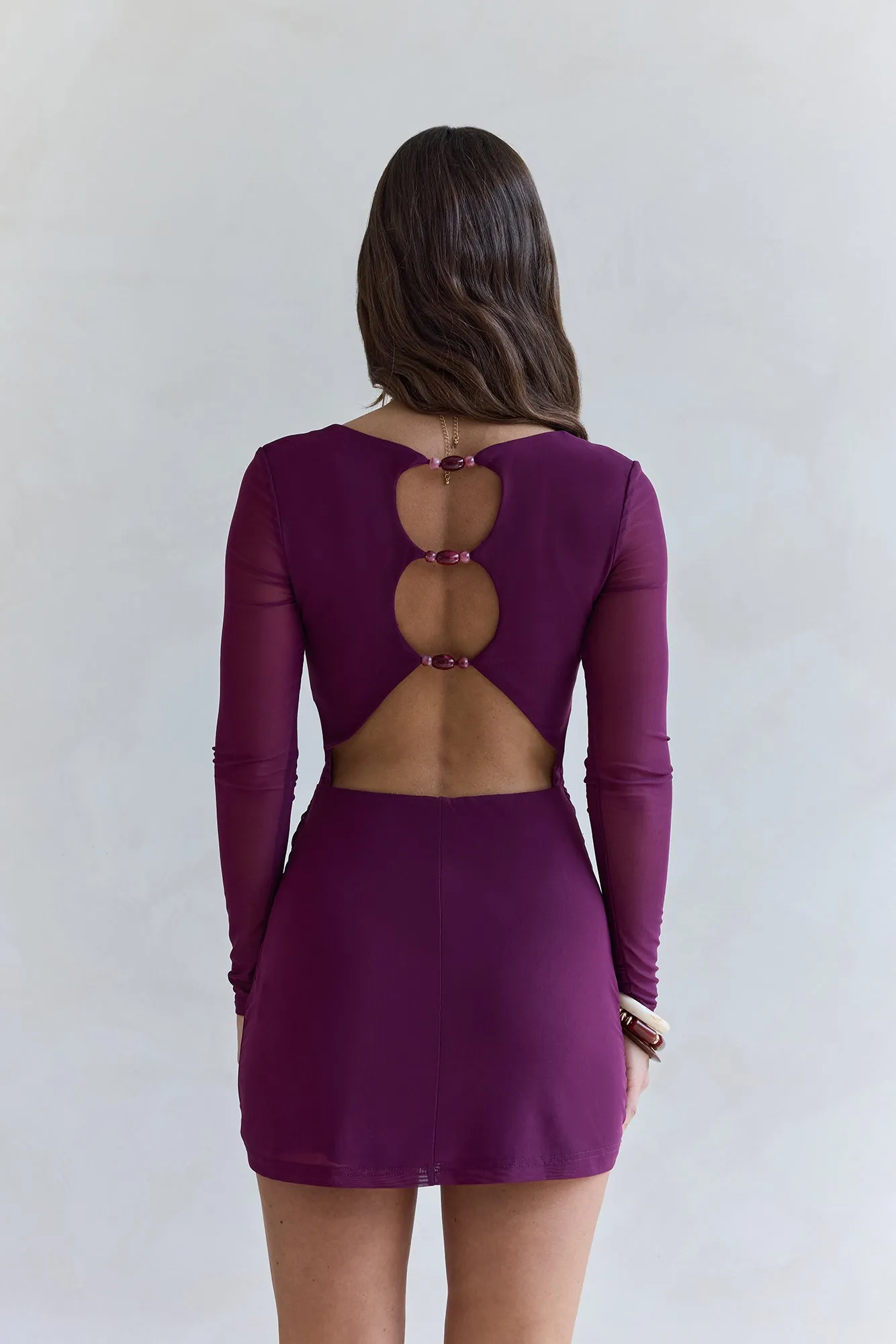 Glowing Nights Long Sleeve Mesh Mini Dress Plum sold by Fortunate One product image thumbnail 2