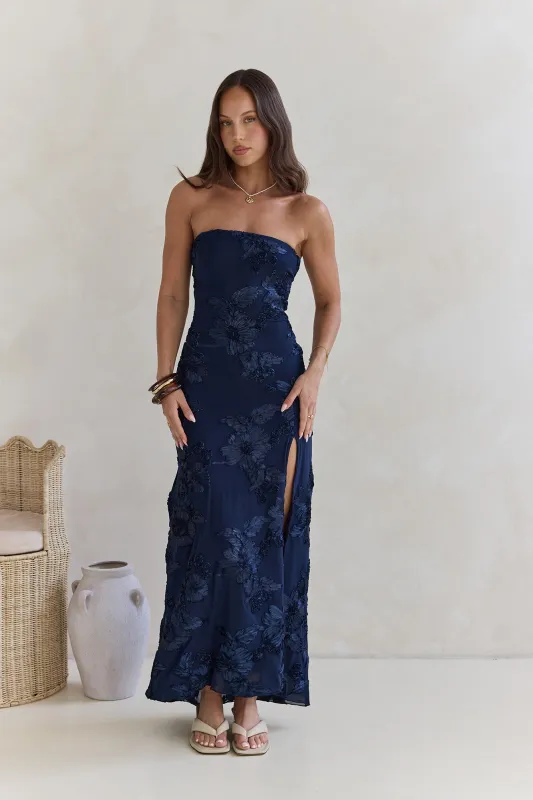 Under A Spell Strapless Mesh Maxi Dress Navy sold by Fortunate One