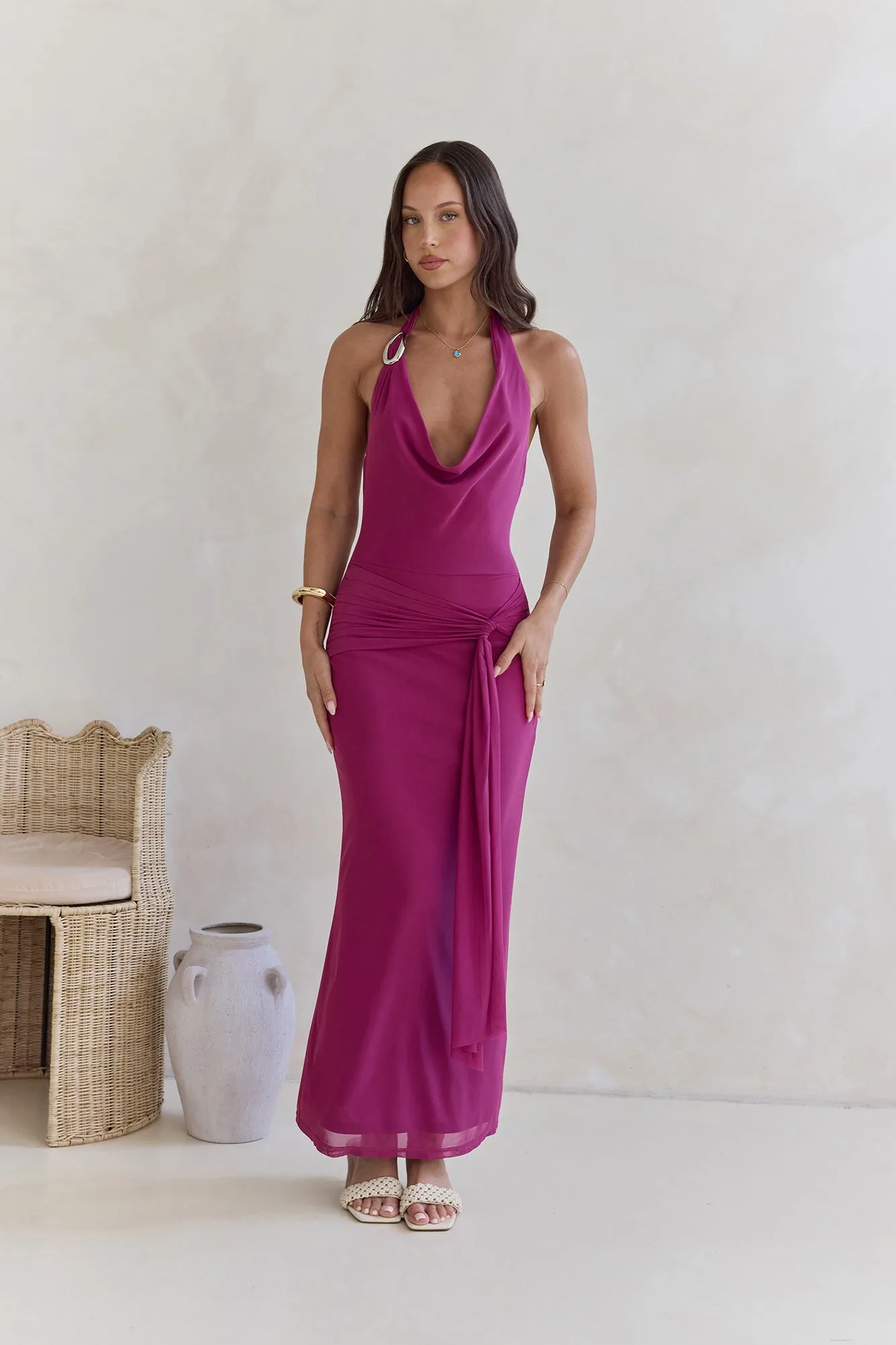 Step To Tune Mesh Halter Maxi Dress Plum sold by Fortunate One