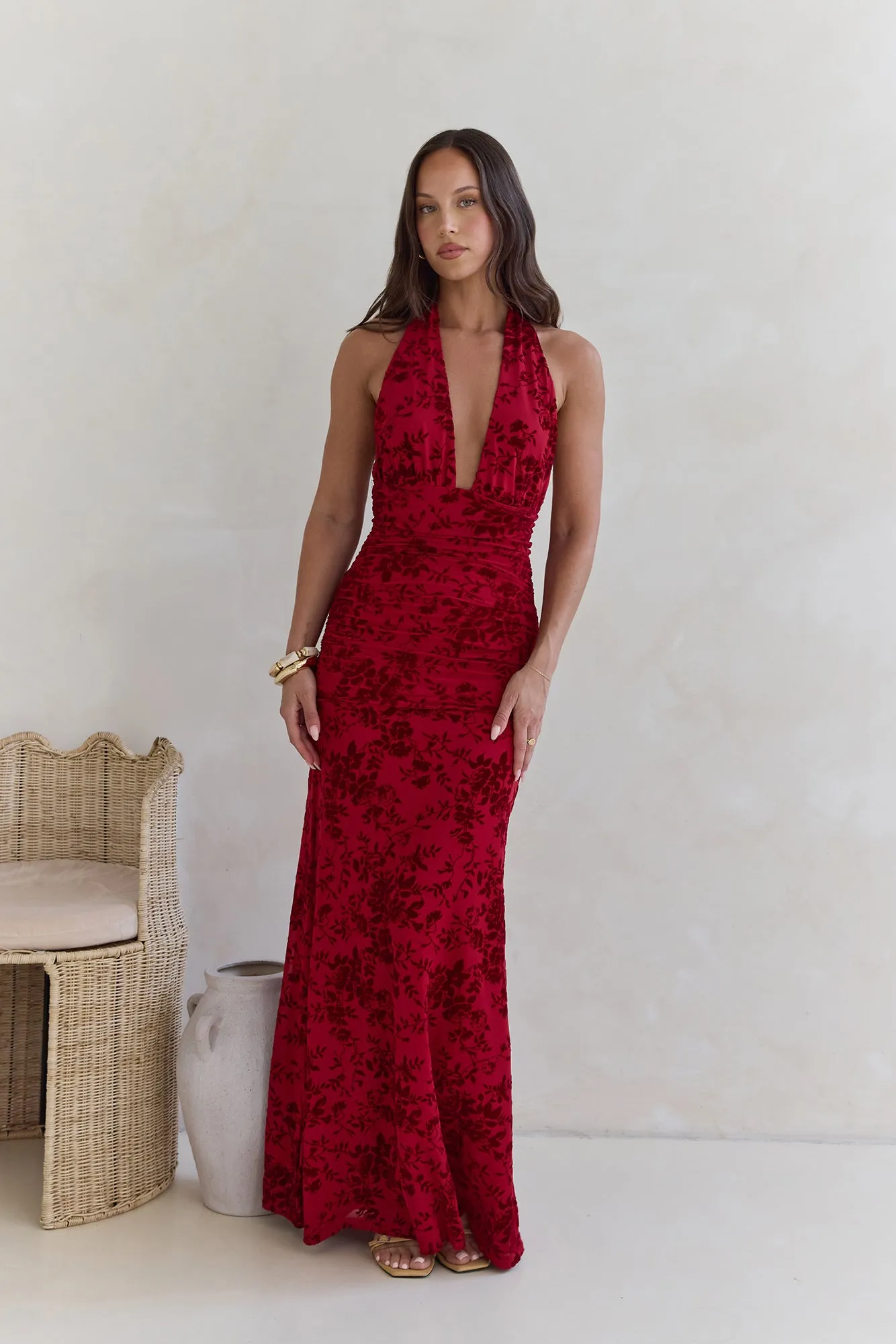 Dewy Whisper Halter Maxi Dress Wine sold by Fortunate One product image thumbnail 4