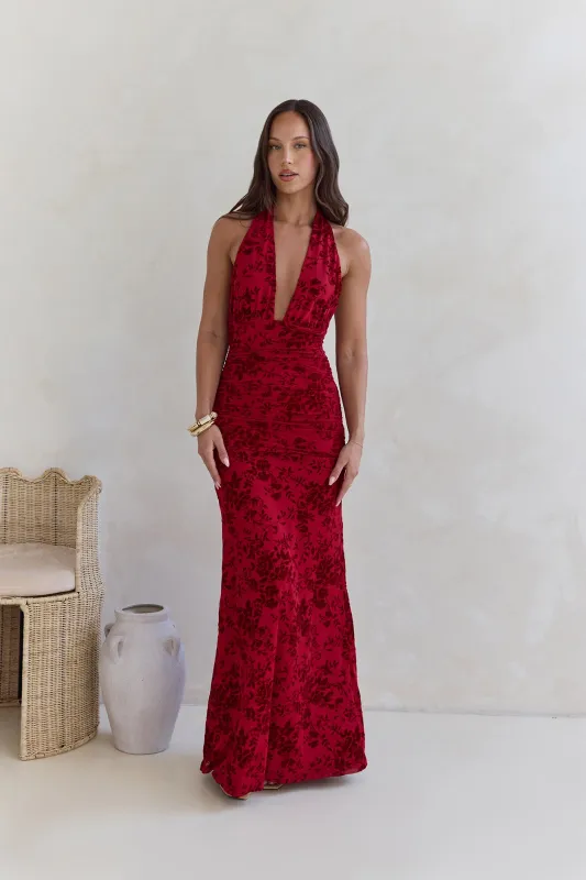 Dewy Whisper Halter Maxi Dress Wine sold by Fortunate One