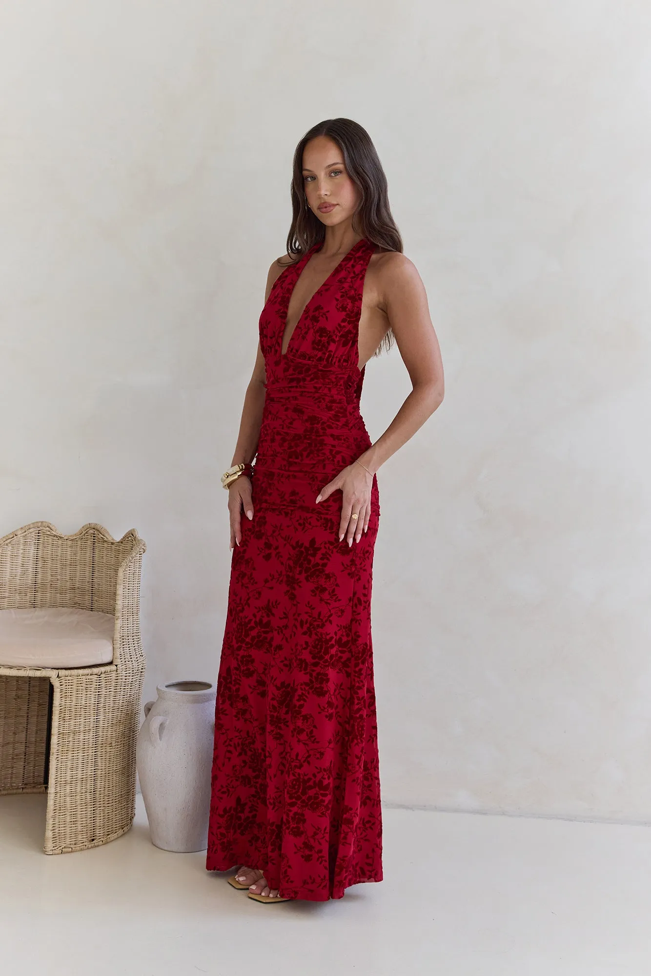 Dewy Whisper Halter Maxi Dress Wine sold by Fortunate One product image thumbnail 5