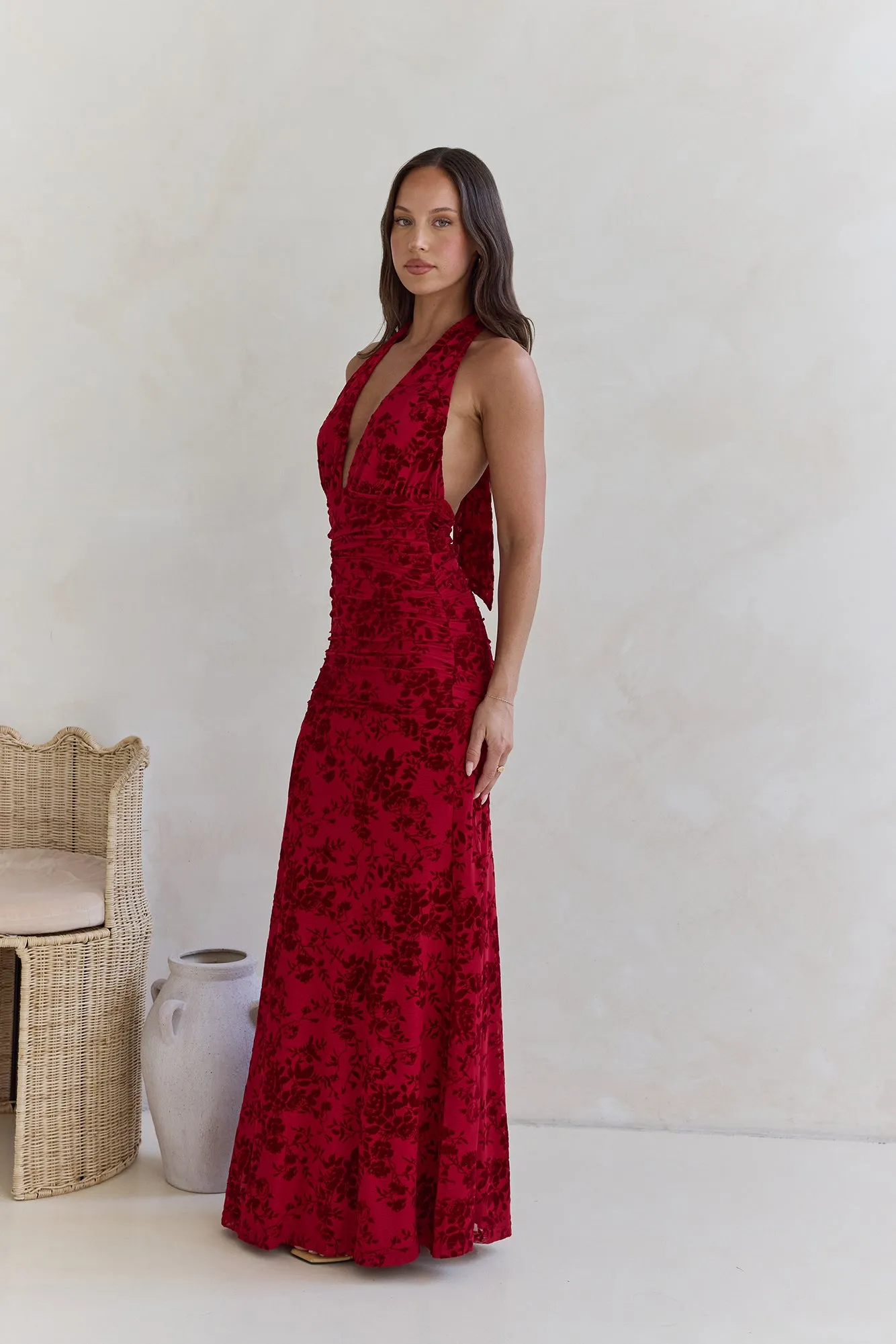 Dewy Whisper Halter Maxi Dress Wine sold by Fortunate One product image thumbnail 3