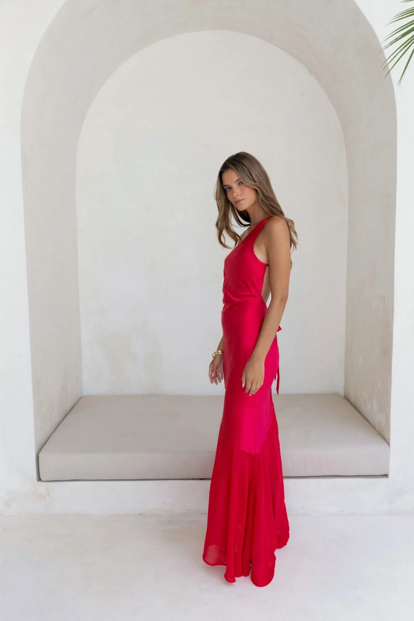 Chase The Thrill One Shoulder Satin Maxi Dress Red sold by Fortunate One product image thumbnail 4