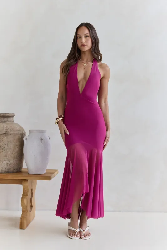 No Reason Mesh Halter Maxi Dress Plum sold by Fortunate One