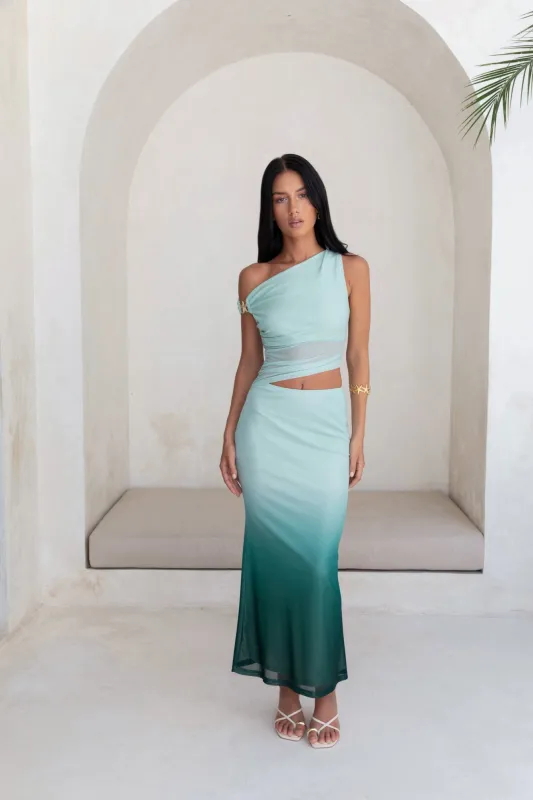 Soft Shades Off The Shoulder Mesh Maxi Dress Green sold by Fortunate One