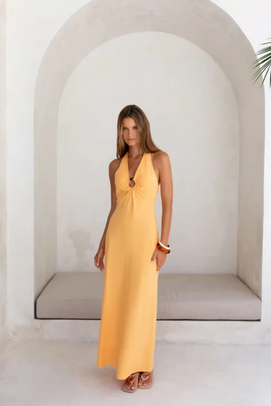 Dreamy Silhouette Halter Maxi Dress Orange Sorbet sold by Fortunate One