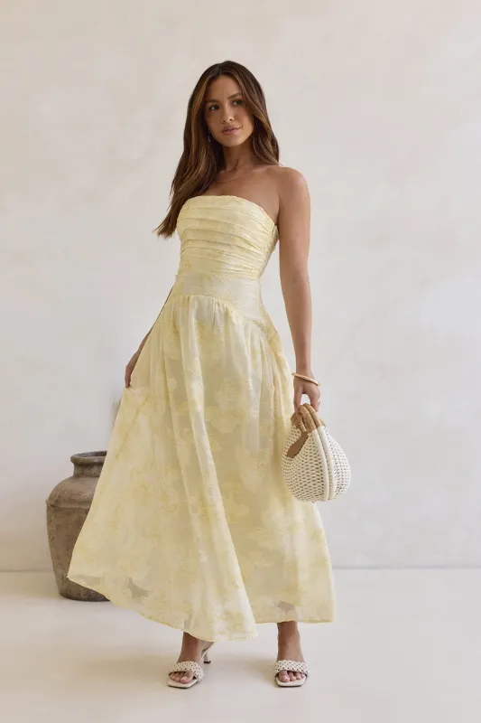 Cloud Kissed Paths Strapless Maxi Dress Yellow sold by Fortunate One