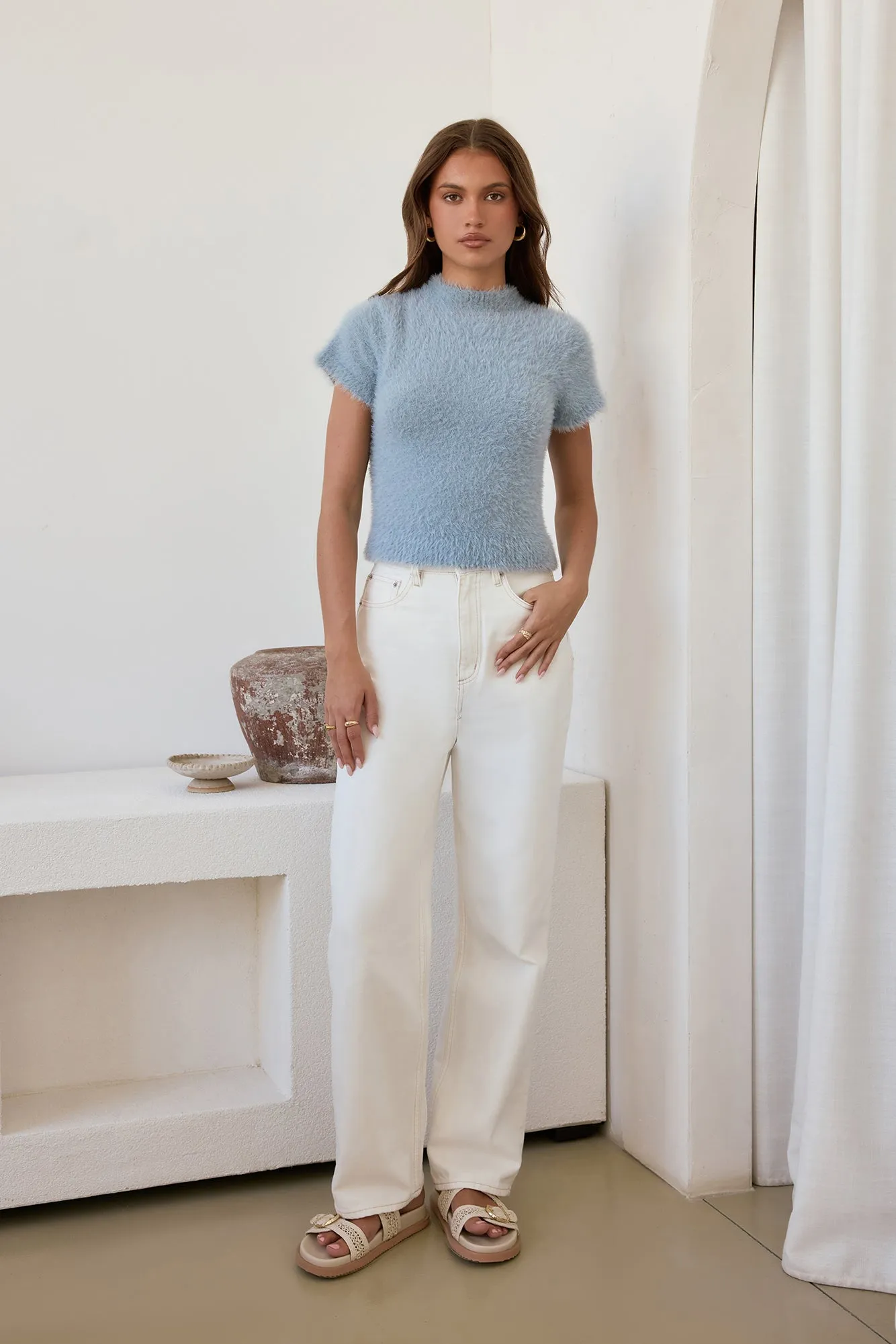Old Money Hour Fluffy Knit Short Sleeve Sweater Blue sold by Fortunate One product image thumbnail 3