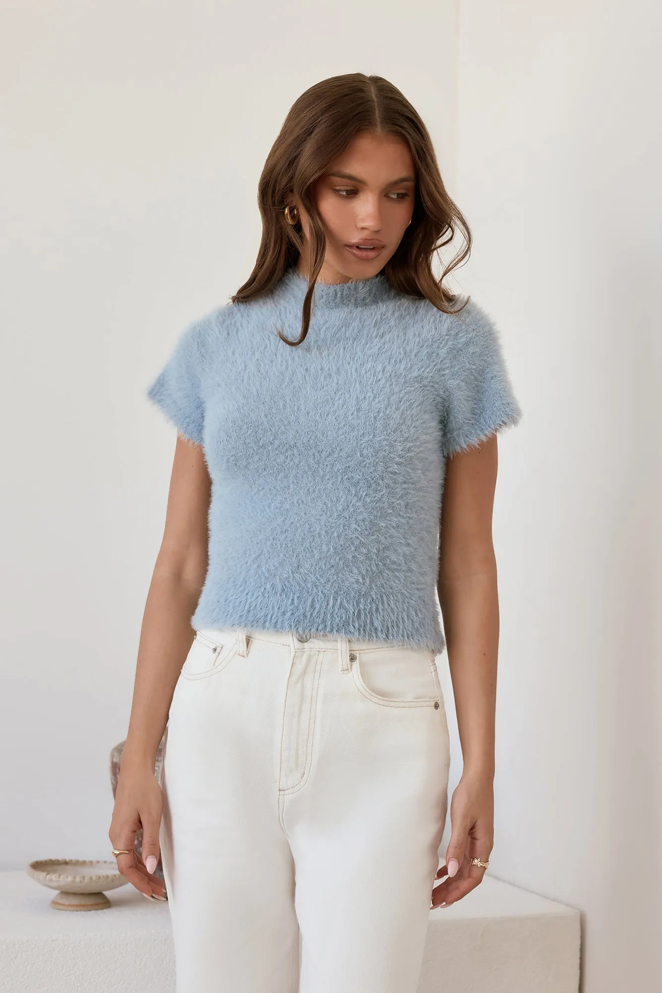 Old Money Hour Fluffy Knit Short Sleeve Sweater Blue sold by Fortunate One